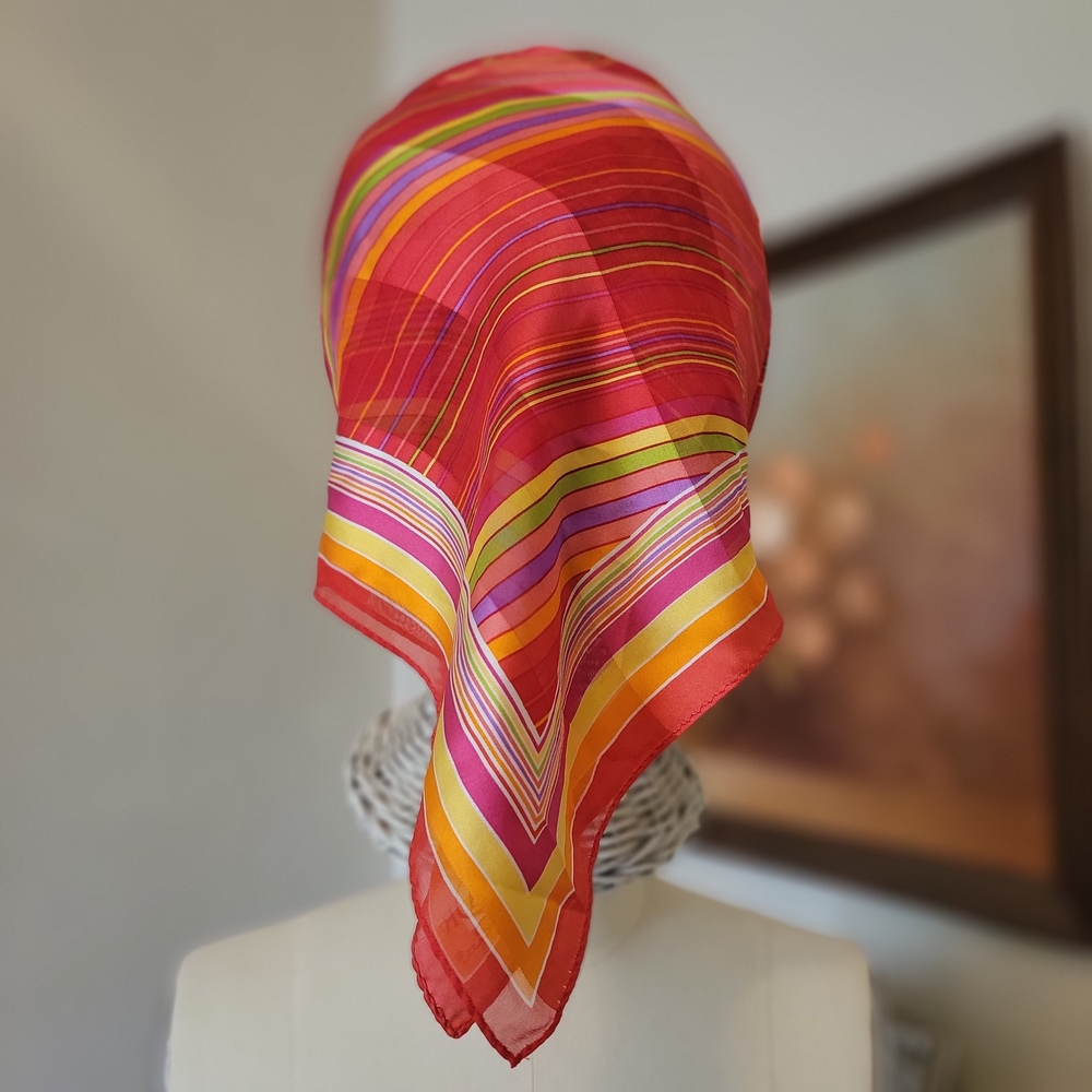 Deadstock Vintage Oscar de la Renta Red Retro Stripe Silk Scarf Head Wrap NWT - Picture 4 of 9